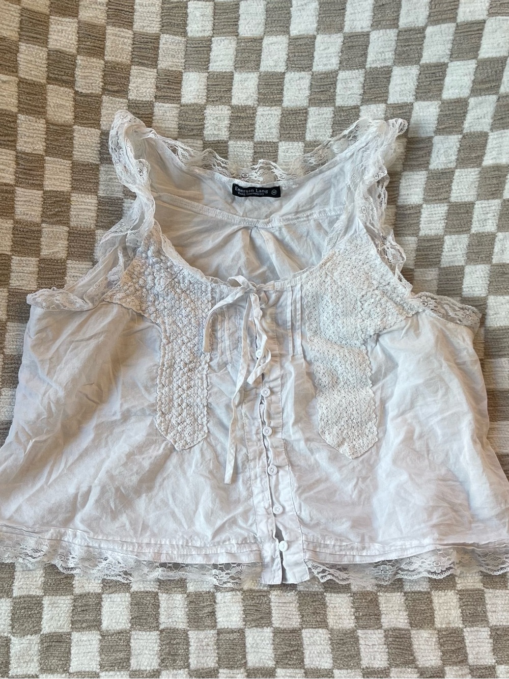 Emerson Lang FLace-Trim White Cotton Tank Top